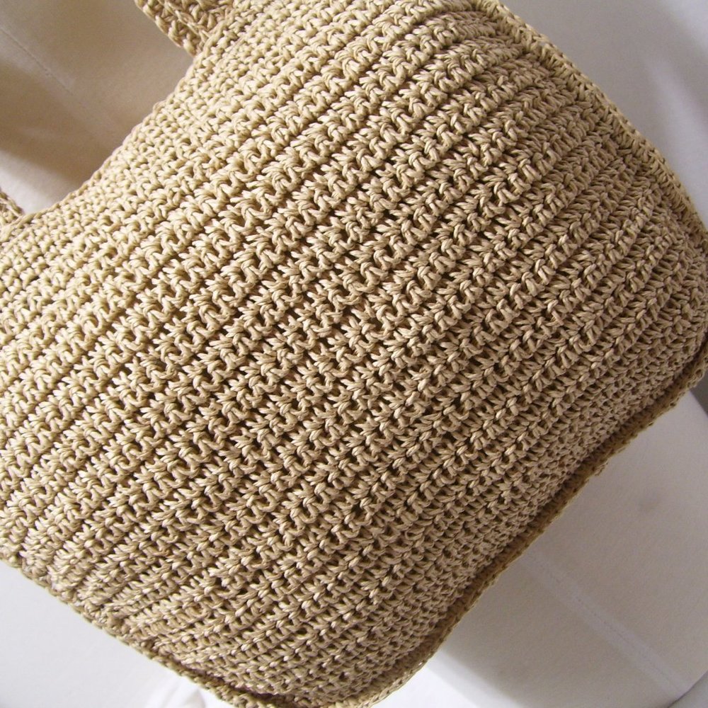 Handbag Crocheted Raffia Beige Purple Flower Design N - Picture 3 of 3